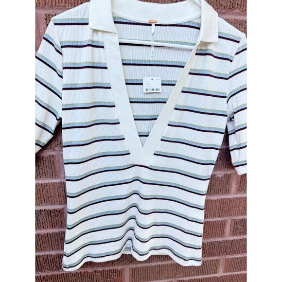 Free People Striped Ribbed V-Neck Polo Shirt With Short Sleeves.Size Small - Picture 1 of 14